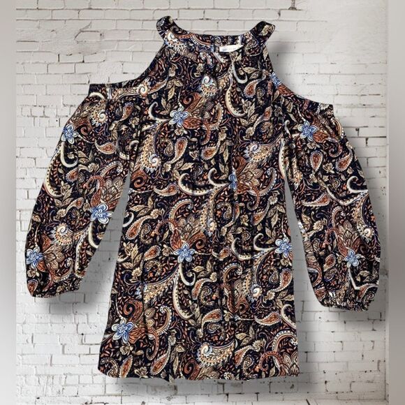 Band Of Gypsies Floral Motif Paisley Print Cold Shoulder Long Sleeve Shift Dress - Picture 1 of 14